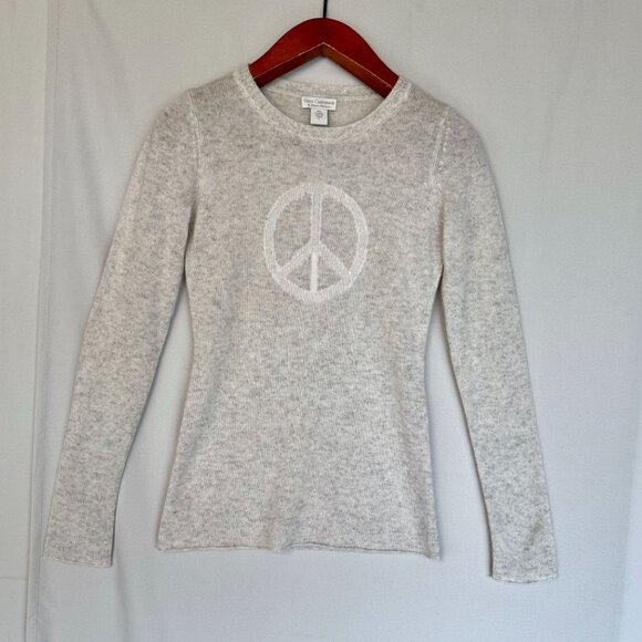 Oats Cashmere Gray Ivory Peace Sign Lightweight 100% Cashmere Sweater Size Large - Picture 1 of 8
